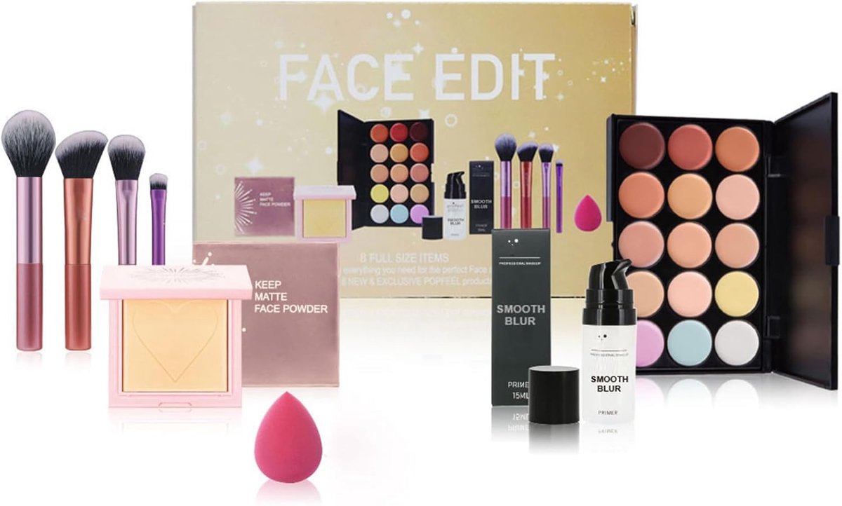 Complete Make-up Set met 15 Kleuren Concealer, Poeder, Primer, Spons en Kwasten voor een Perfecte Look