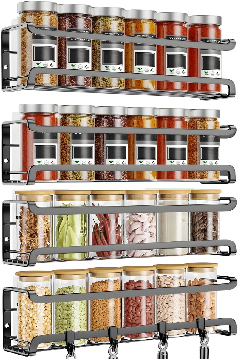 KIRA® Kruidenrek - Kruidenpotjes - Staand of Ophangbaar - Kruidenrek Staand - Zwart - 7cm x 29cm x 7cm