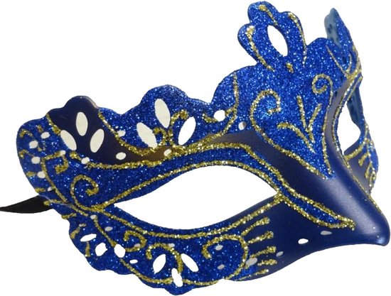 Dames sparkling blauw en goud rialto venetiaanse masquerade carnaval halloween gemaskerde bal feest oogmasker lintstrookjes