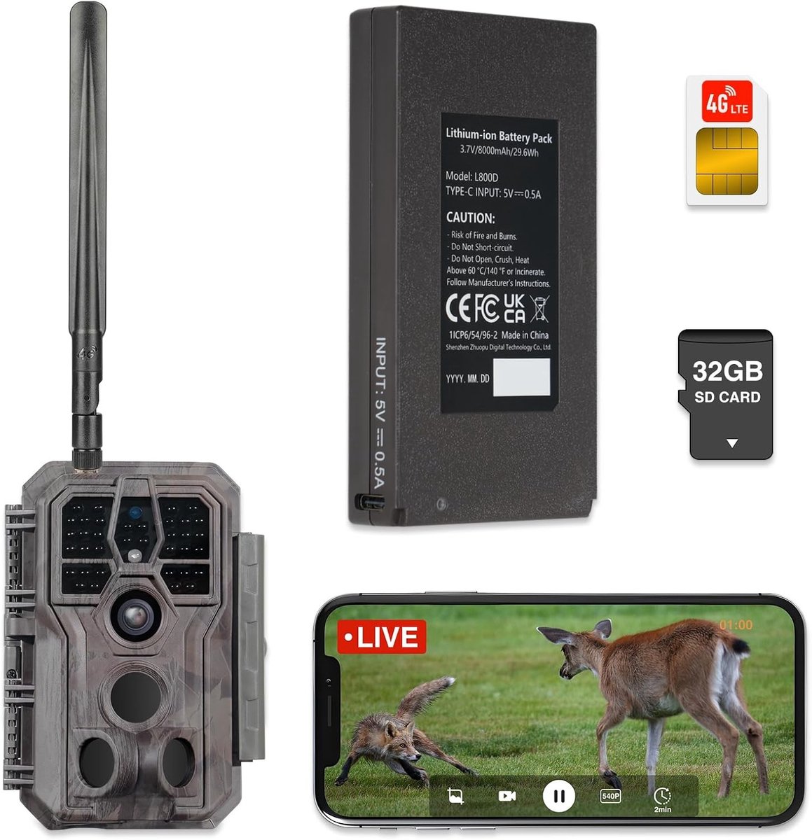 Wildcamera - Zwart - 48MP 1296P Video - Ingebouwde SD Kaart en 8000mAh Batterij - Voor Natuurobservatie