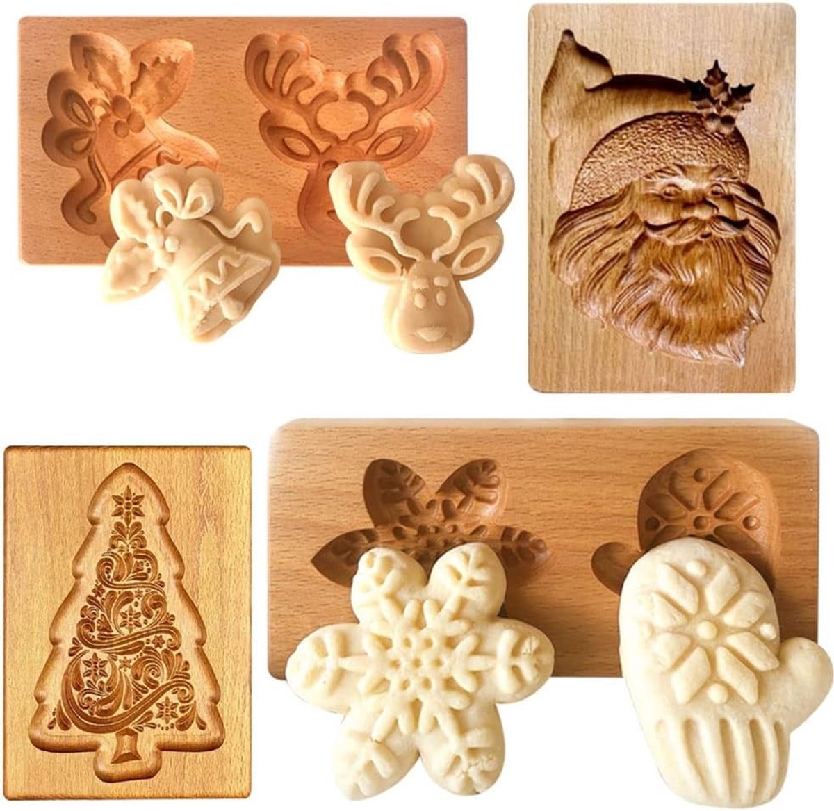 Set van 4 Houten Koekjesvormen - Creatieve DIY Koekjesstempels en Uitsteekvormen voor Kerstmis, Bakgerei en Decoratie