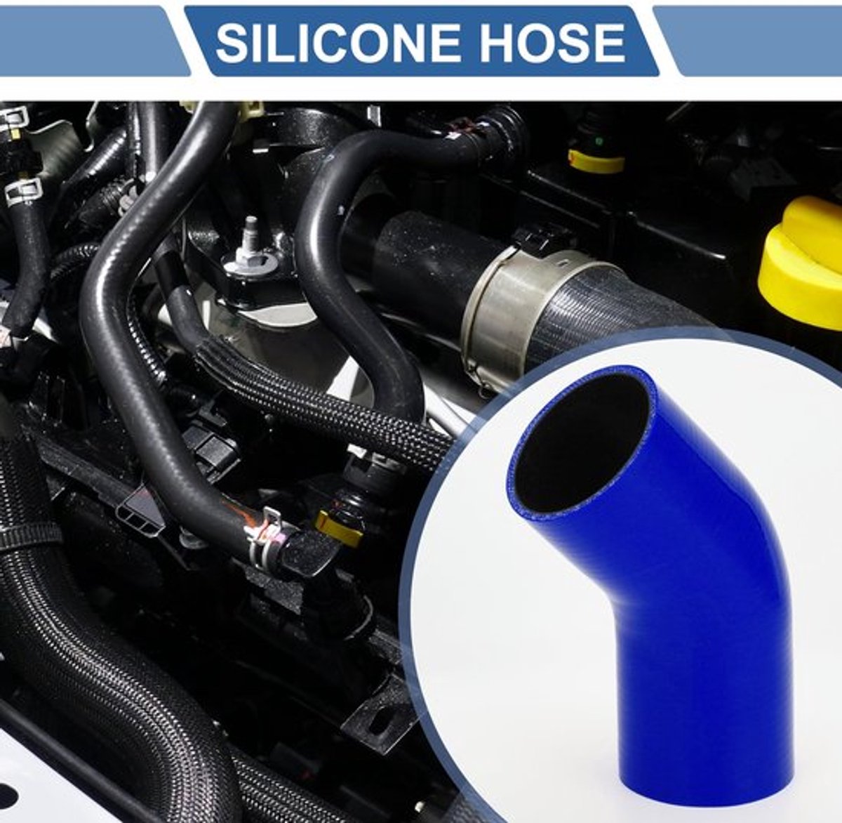 Koelvloeistofslang Siliconen - 76 mm/2,99 inch ID - 102 mm/4,02 inch Lengte - 45° Bocht - Blauw/Zwart - Hoge Temperatuur Bestendig - Siliconenslang