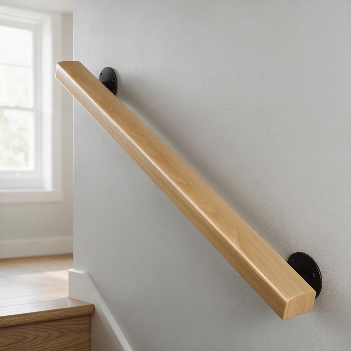 Froadp 100cm Trapleuning Wandleuning Massief Beuken Houtkleur Profiel Woonhuis Gang Kelder Zolder Binnenruimte Trap