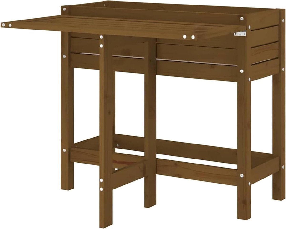 Plantenbak met tafel - Bloembak verhoogd - Tuinieren comfortabel - Inklapbaar tafelblad - 84 x 73 x 75 cm - Honingbruin