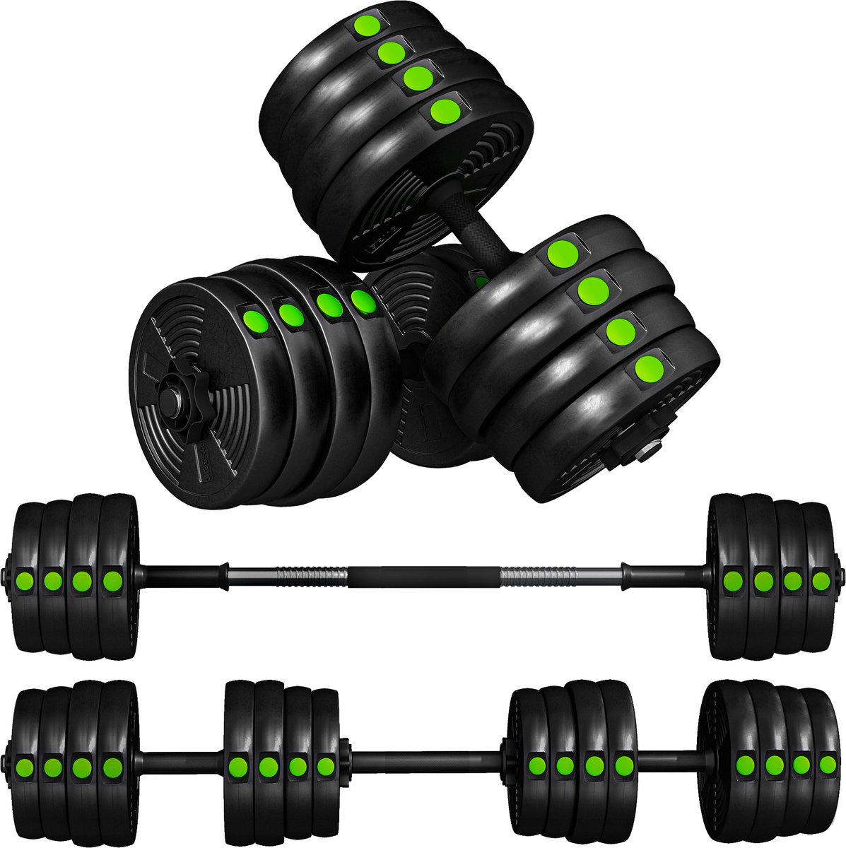2 - in - 1 halterset - halterstang en halter - 30 kg - antislip - geschikt voor de vloer - zwart/groen