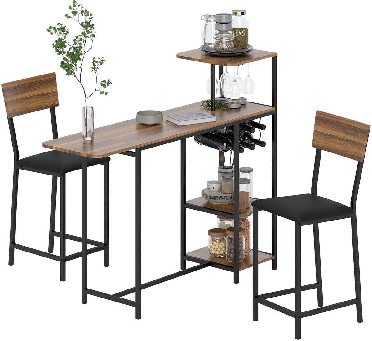 3 - delige bartafelset - 1 bartafel - 2 stoelen - met wijnrek - glashouder - open schappen - voetensteunen - bruin