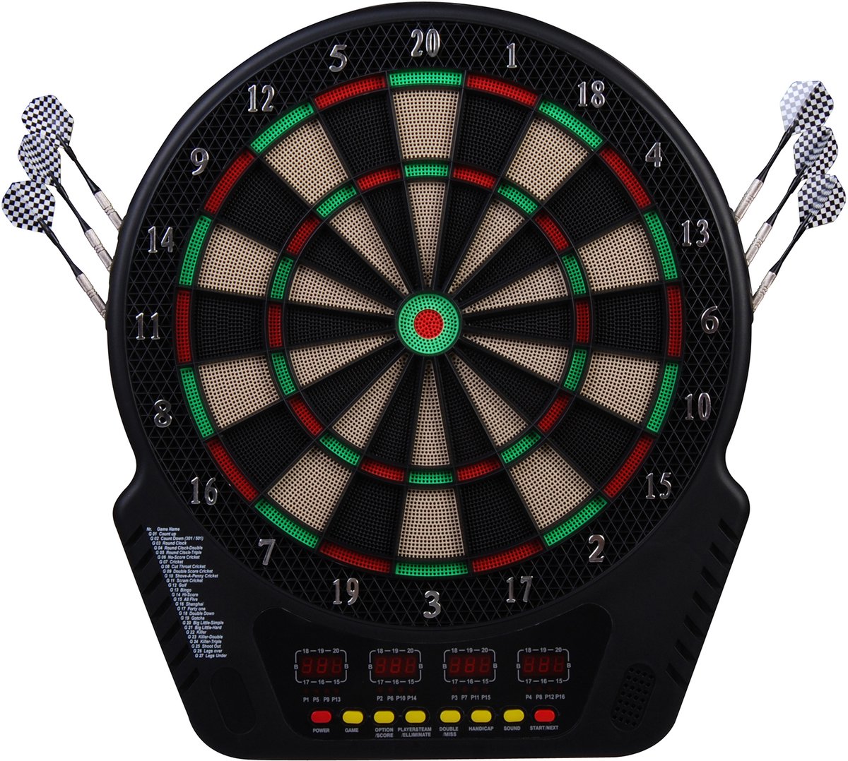 Elektronisch dartbord met led - display - automatische scoretelling - geluidseffecten - 6 darts - 24 dartkoppen - 27 spellen en 243 scoremogelijkheden voor 16 spelers - 44 x 51 - 5 x 3 - 2 cm