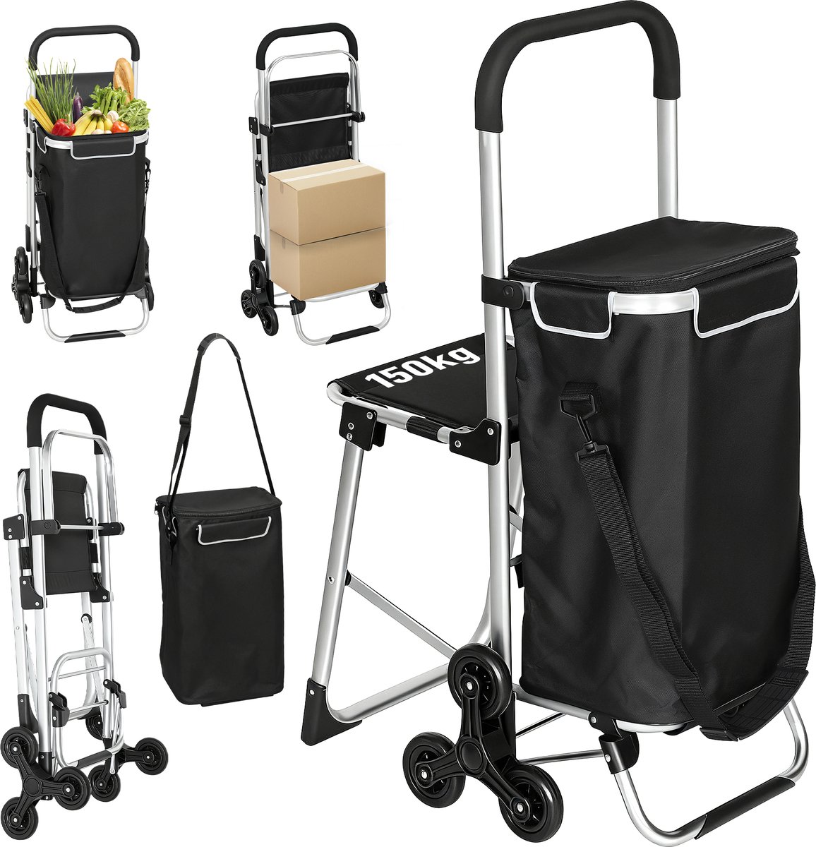 Boodschappenwagen - 40L Oxford tas - 3 - wielig ontwerp - aluminium frame - zitje - grijs