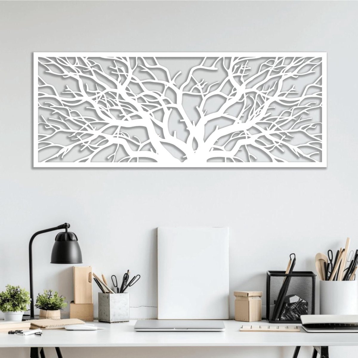 Levensboom metaaldecoratie - Muurdecoratie boom Metalen wandhanger - Woonkamer verfraaien - Zwart wit goud - 104 cm lang - Niet gespecificeerd