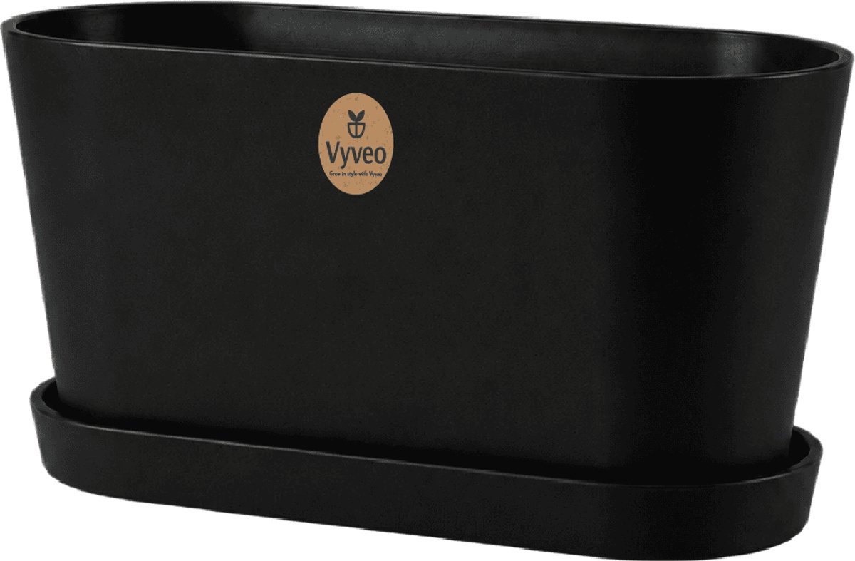 Vyveo - Bloempot Varda met onderzetter - 18x10x11 - Zwart - Bloempot voor binnen en buiten - Lichtgewicht - Breukbestendig - Vorstbestendig - UV-bestendig