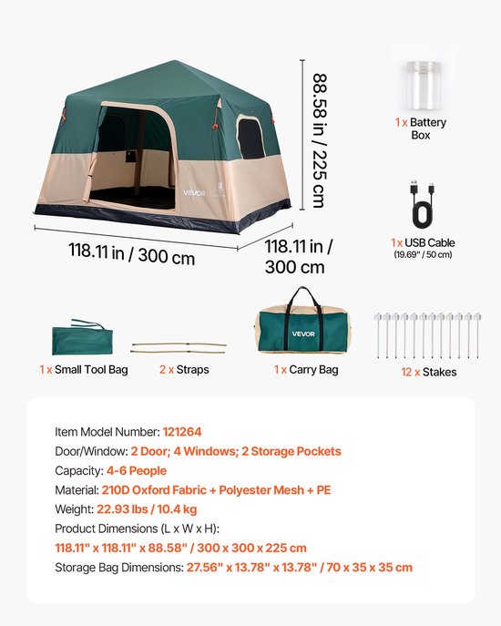 VEVOR Campingtent voor 6 Personen, Opblaasbare Familietent met Oplaadbare Pomp, Tpu-Luchtslang en 4 Gaasramen, Cabinetent met Draagtas voor Gezinskamperen en Wandelen, Groen van Vevor — afbeelding 3