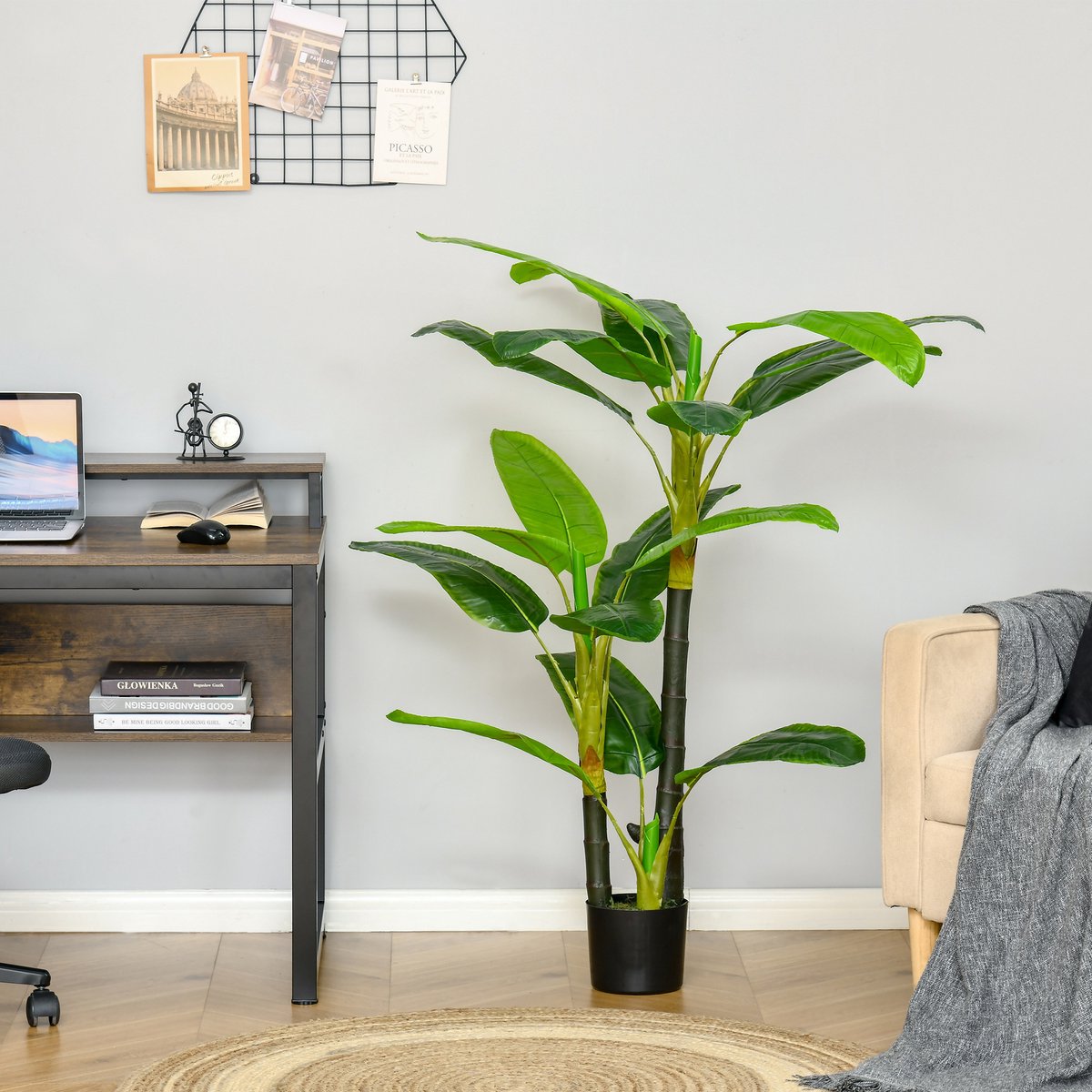 MIVRAY Kunstplant – Realistische Bananenplant 150 cm – Kunststof – Groen – Voor Binnen & Buiten – Met Zwarte Pot En 18 Bladeren