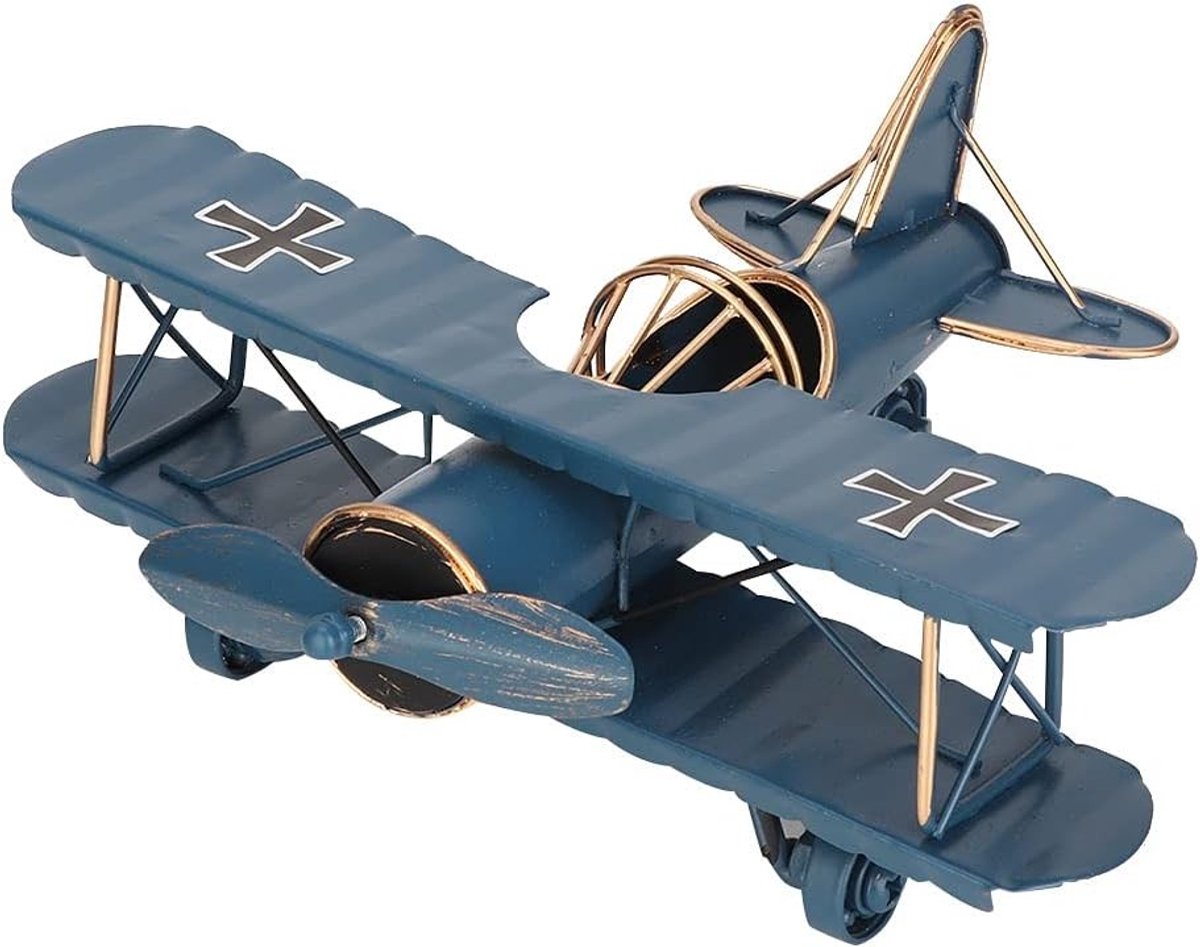 Handgeschilderd vintage biplane model van gesmeed ijzer, retro vliegtuigdecor voor thuis, kantoor en bar, perfecte verzamelobjecten voor volwassenen