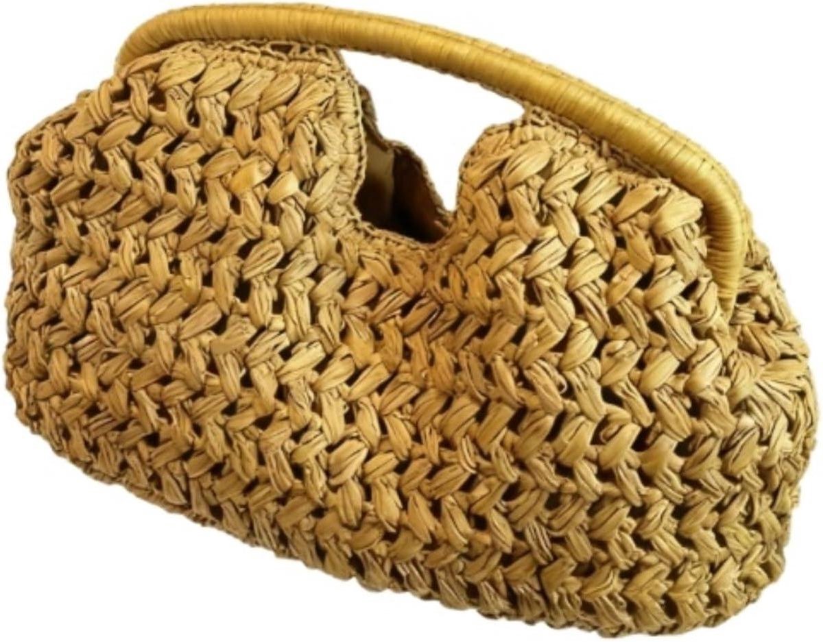 Rieten Draagtas - Stro Clutch Handtas - Zomerse Picknick - Unieke Uitgesneden Handgrepen - 34x20x11cm - Geel