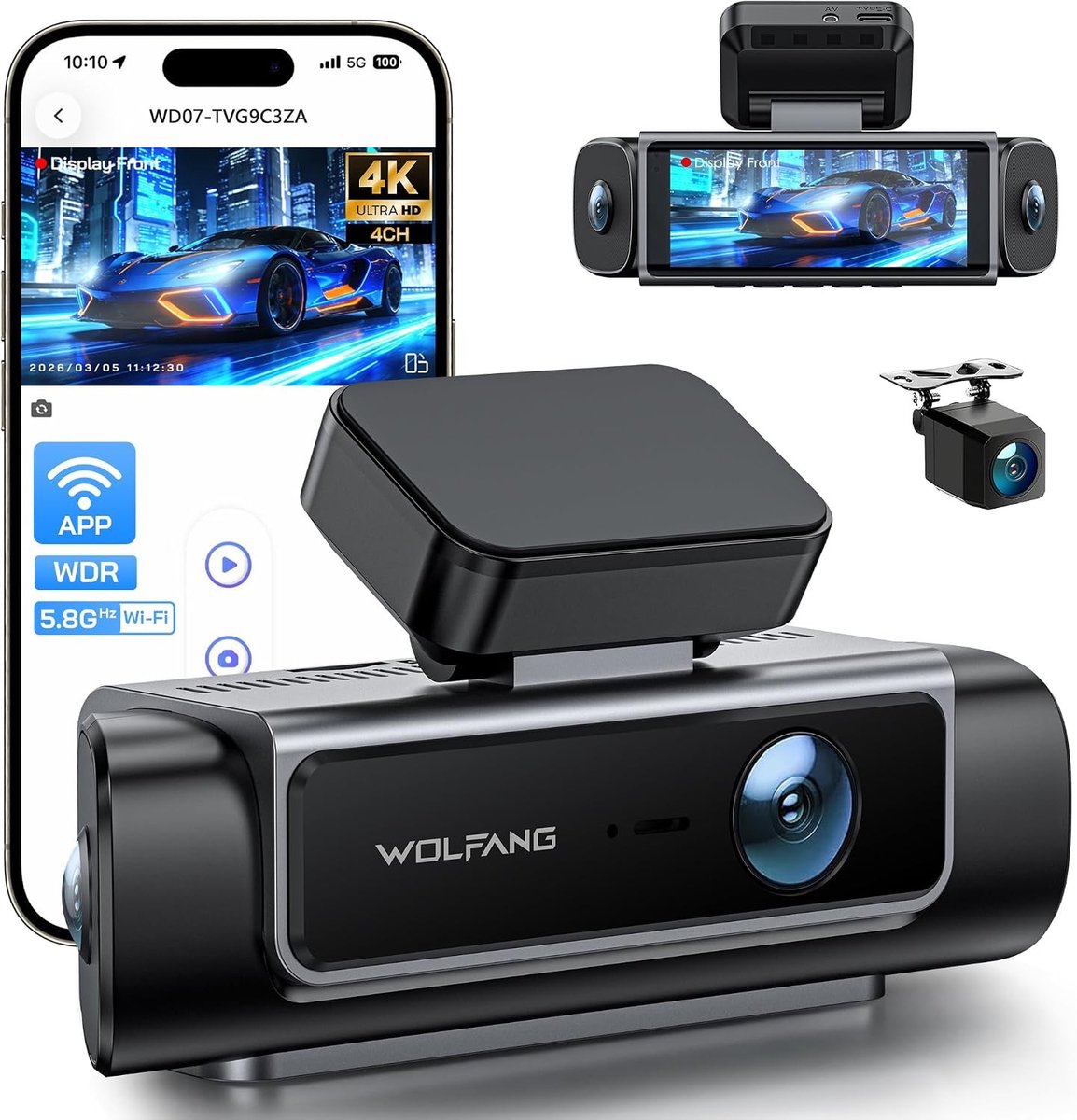 Dashcam voor auto - Zwart - 3,39 inch IPS scherm - 4-kanaals met nachtzicht en app-bediening - Voor personenauto's