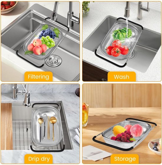 Afgieter Vergrendelbaar - Zeedezeef - Groenten Wassen - Uitschuifbare Grip - 39x25x10 cm - Multicolor — afbeelding 3