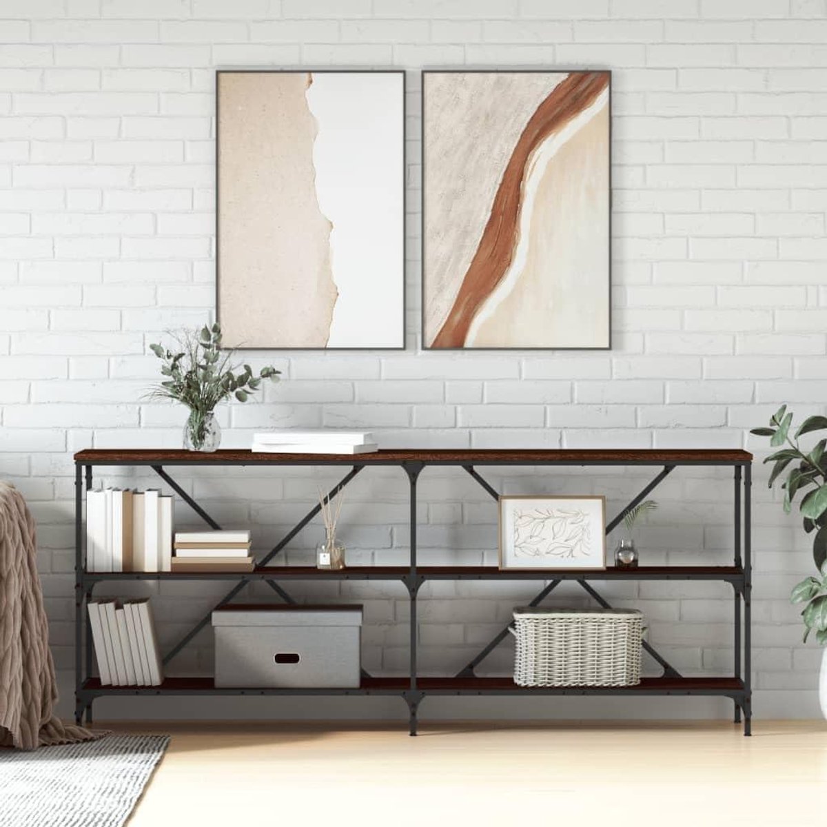 Consoletafel Hout IJzer - Bijzettafel Lange Tafel - Decoratie Presenteren - Stabiel Dubbel X-Frame