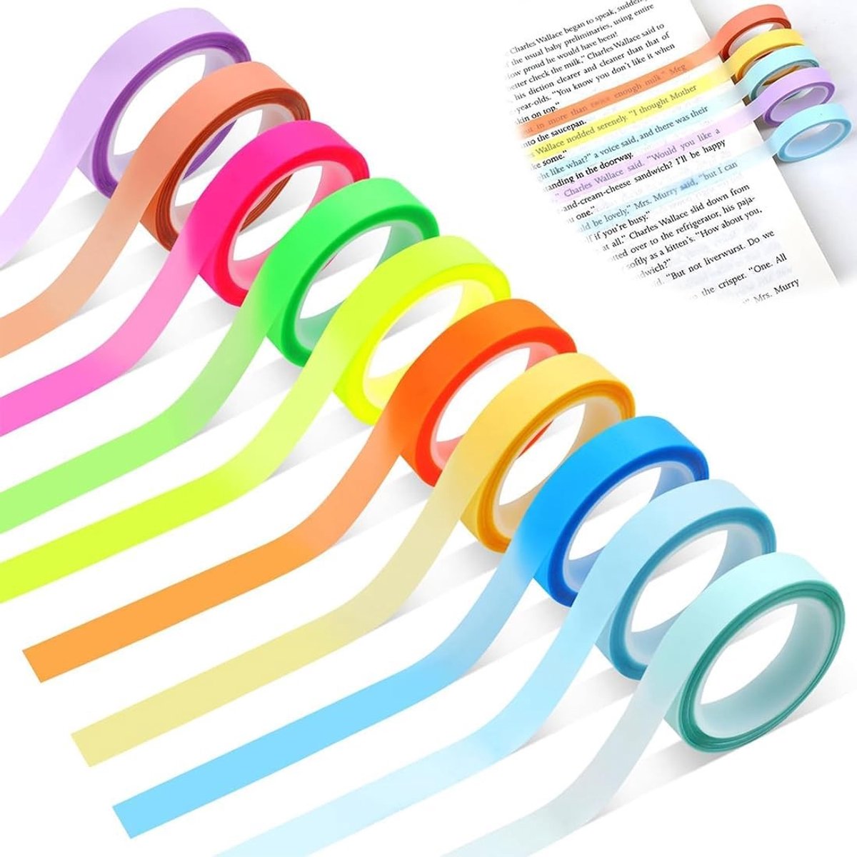 10 Rollen Transparante Plakband, Verwijderbaar en Kleurrijk voor Studenten, Leraren en Notities in de Klas (0.8 cm x 5 m) - Ideaal voor Markeren, Organiseren en Creatieve Projecten
