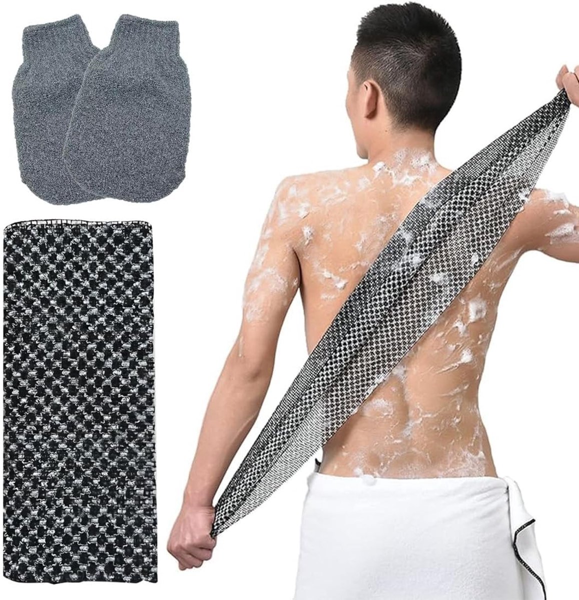 Drie-delige set voor rugpeeling, exfoliërende handschoen, washandschoen en peelingdoek voor mannen en vrouwen, ideaal voor lichaamsreiniging en massage