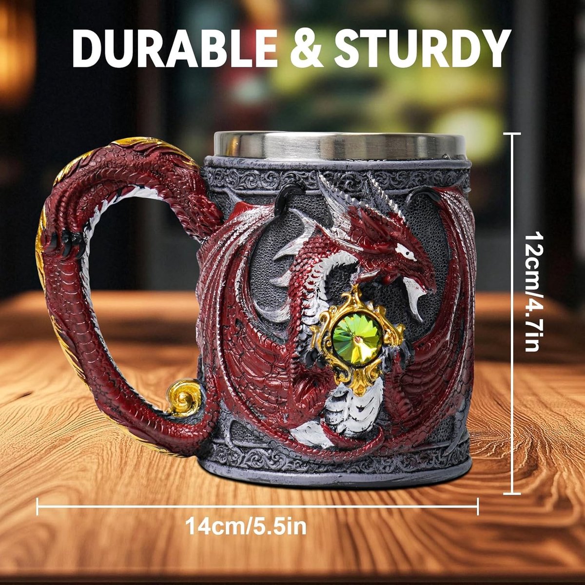 Medieval Dragon Mok van RVS met Pterosaur Staart Handvat en Edelsteen Versiering, 450 ml, Perfecte Cadeau Ideeën voor Drakenliefhebbers en Fantasy Fans
