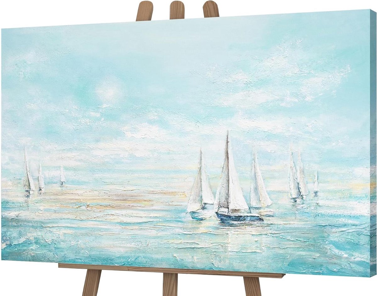Acrylschilderij Modern - Wanddecoratie Canvas - Woonkamer Aankleden - Handgeschilderd Uniek Werk - 120 x 80 cm - Zeeblauw Grijs