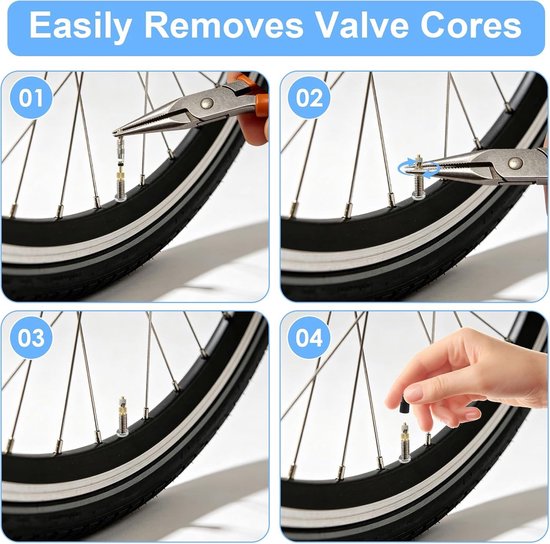 Complete 18-delige set voor tubeless mountainbikeventielen met Presta ventielkernen, ontmantelingstool en fietspompadapters voor eenvoudige reparatie en onderhoud — afbeelding 4
