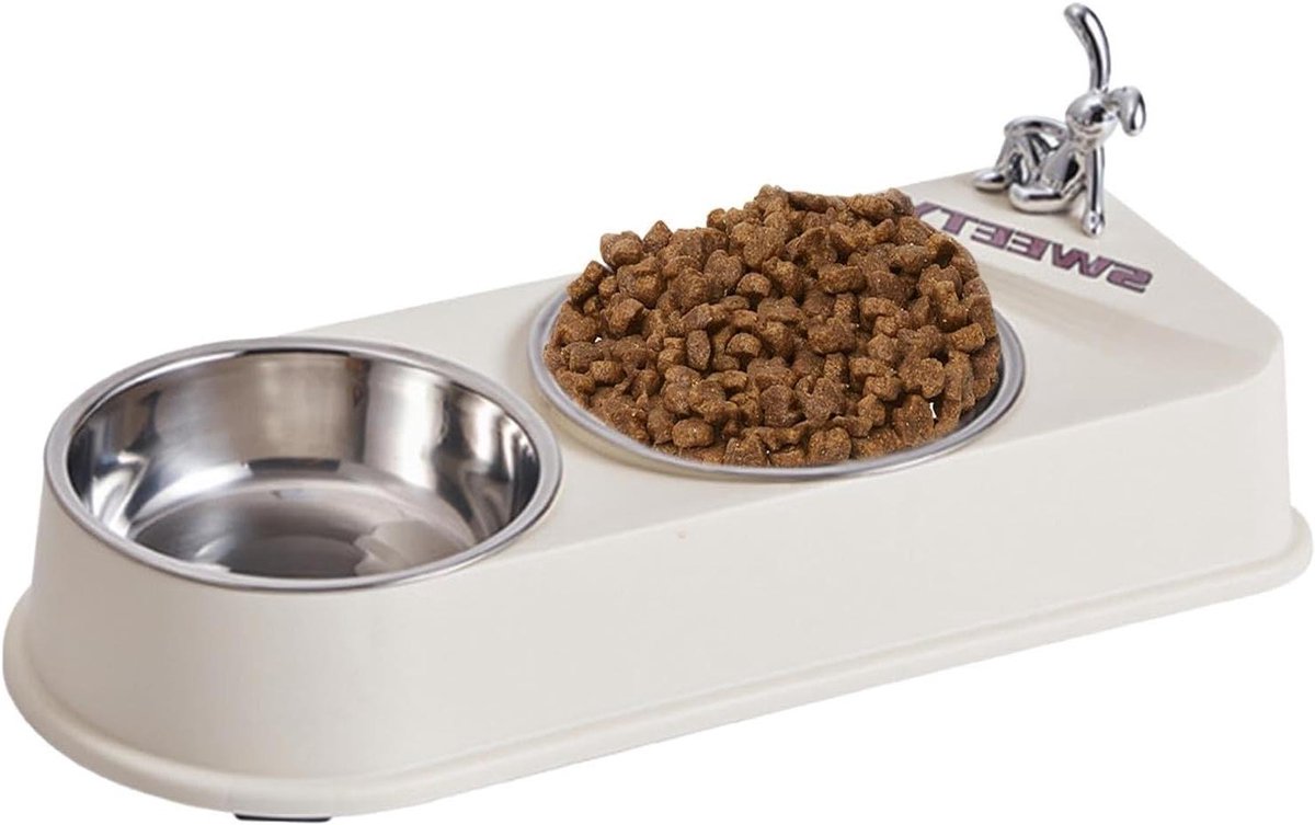 Dubbele Voerbak Huisdieren - Hondenvoerbak Kattenbak - Huisdieren Voeden - Antislip Roestvrij Staal - 32.5 x 13.5 cm - Romig