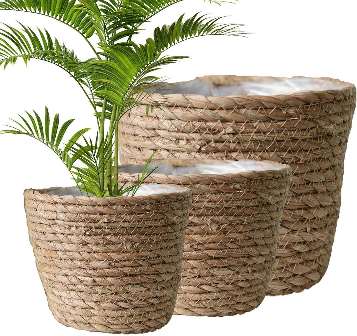 Zeegras Plantenmand - Woven mand - Planten decoreren - Met voering - 3-delige set - Natuurlijk