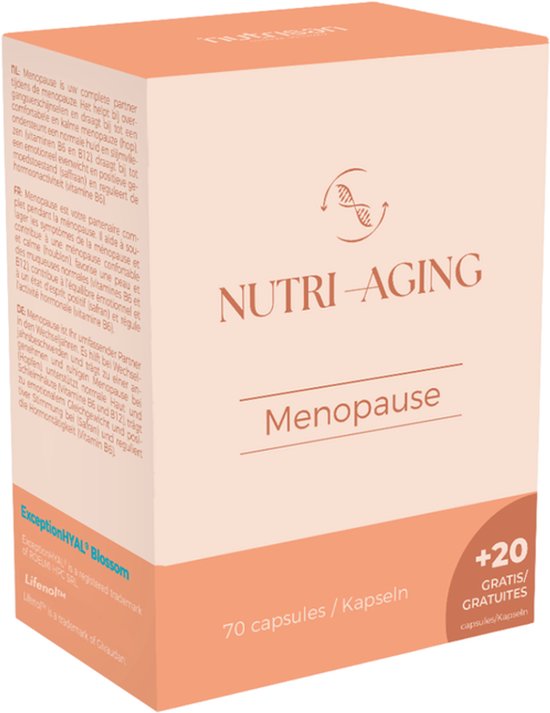 NUTRI-AGING Menopause capsules in een zalmkleurige verpakking.
