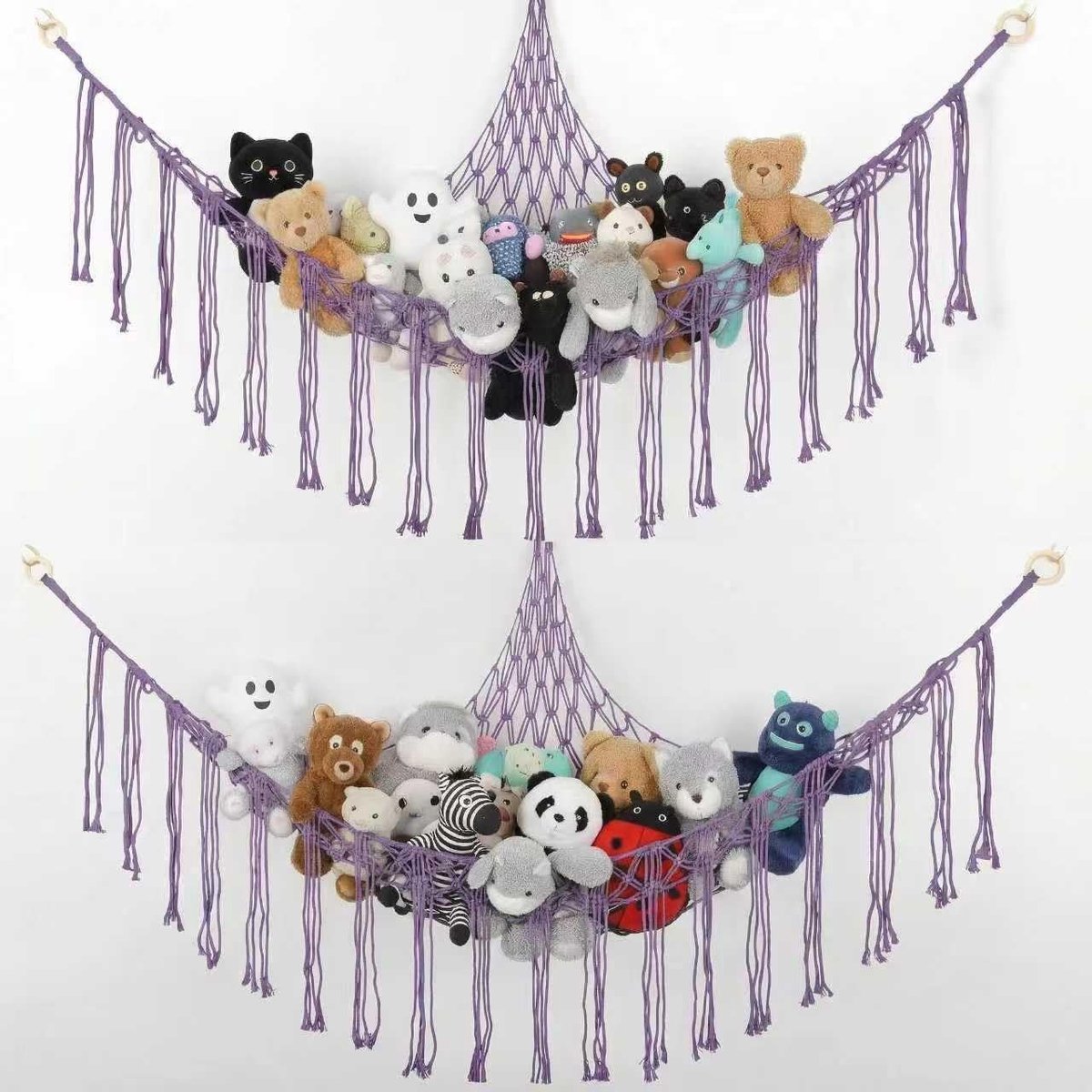 Opbergnet voor Knuffels, 2 Stuks, Hoekoplossing voor Kinderkamer, Hangend Speelgoed, Organiser, Macramé, Stof Hangmat voor Knuffeldieren en Teddyberen (Paars)