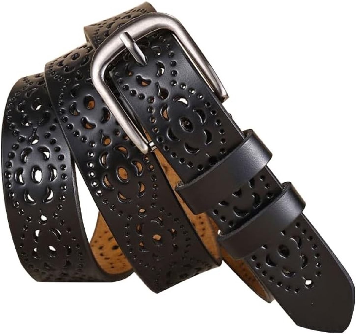 Trendy Dames Leren Riem met Holle Bloemenprint voor Jeans en Jurken, Zwart, 115 cm, Modieuze Accessoire voor Elke Outfit