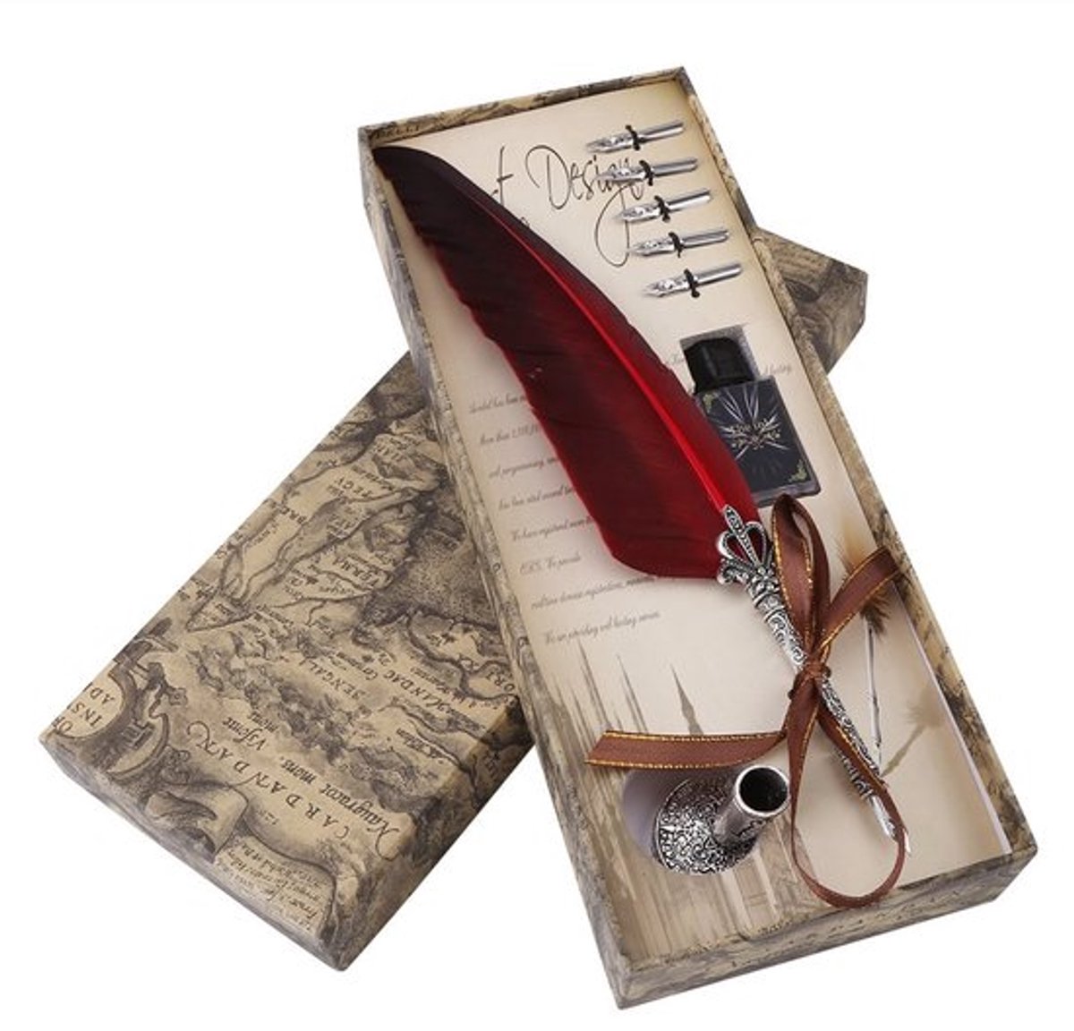 Quill Penset Antiek - Dip-Pen met 5 Reserveveren - Kalligrafie Schrijfpen - Natuurlijke Veer - Hoogwaardige Legering Punt - Elegant en Uniek - Dippen