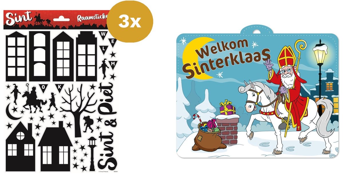 Sinterklaas Versiering Welkomstset Mini - 3x Raamstickers A4 & Feestschild - Voordeur Decoratie - Brievenbusverpakking