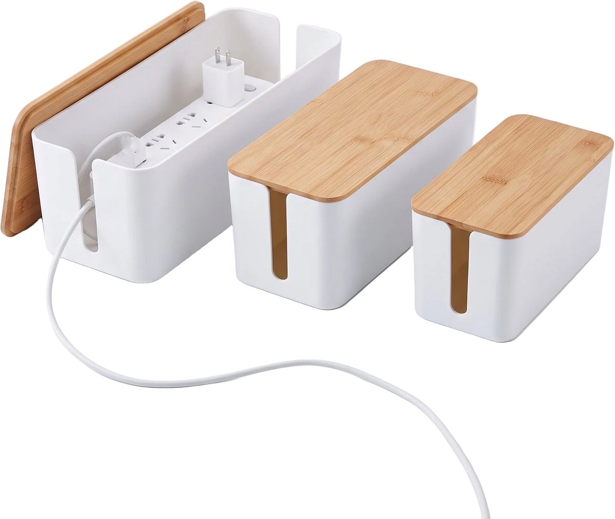 Cheqo® Kabelbox Set van 3 - Kabeldoos - Kabel Opbergbox - Opbergbox Stekkerdoos - Kabelmanagement Box - Kabelbeheerbox - Kabel Organizer - Kabel Organiser - Cablebox - voor Snoeren Wegwerken - Kabelverstopdoos - met Bamboe Deksel - Wit