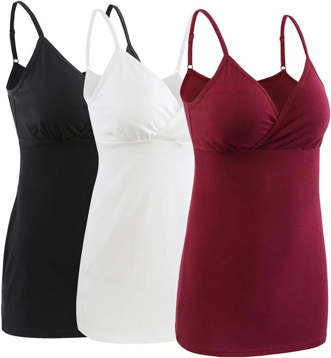 Voedingshemdjes Dames - Verpleeghemdjes Top - Comfortabel Voeden - Ingebouwde BH - 3 Stuks - Zwart Wit Wijnrood