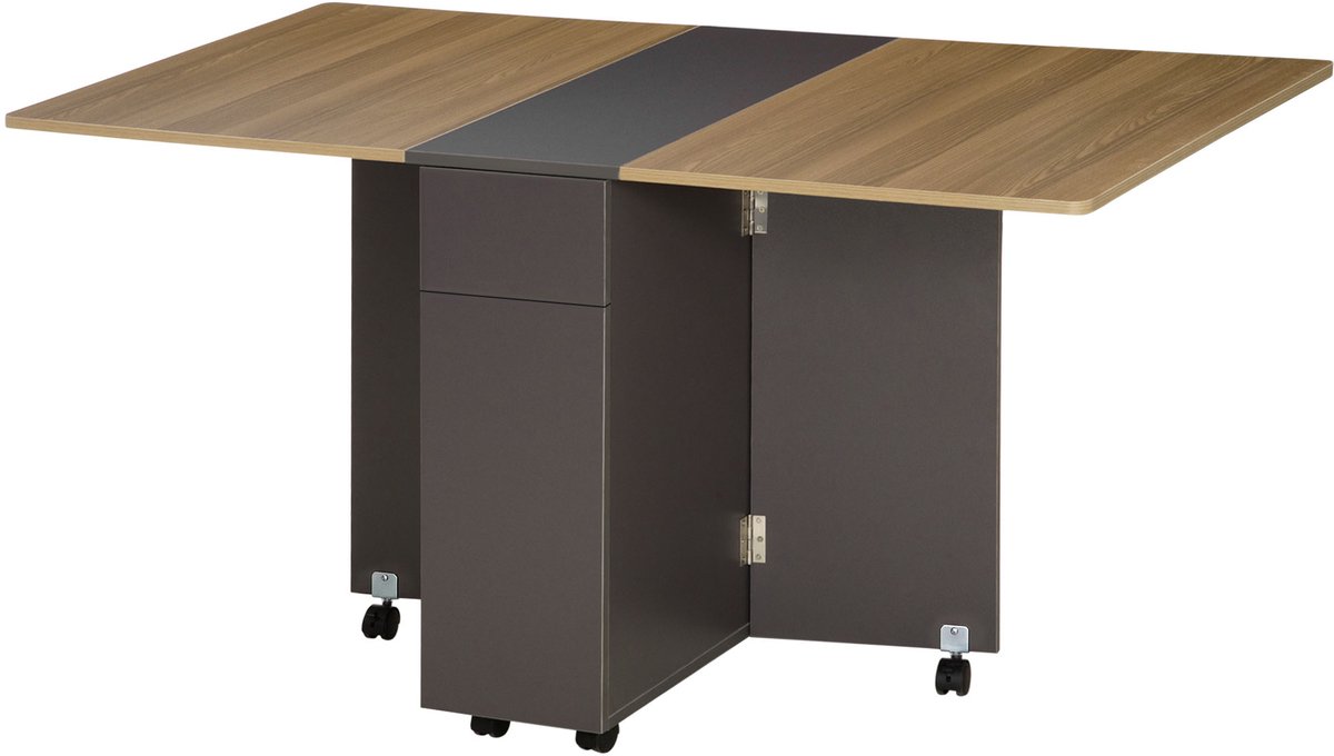 Opvouwbare eettafel – met wieltjes – met opbergruimte – voorzien van 2 lades en 1 kastje – afmetingen 76 x 140 x 74 cm – grijs en naturel houtkleur