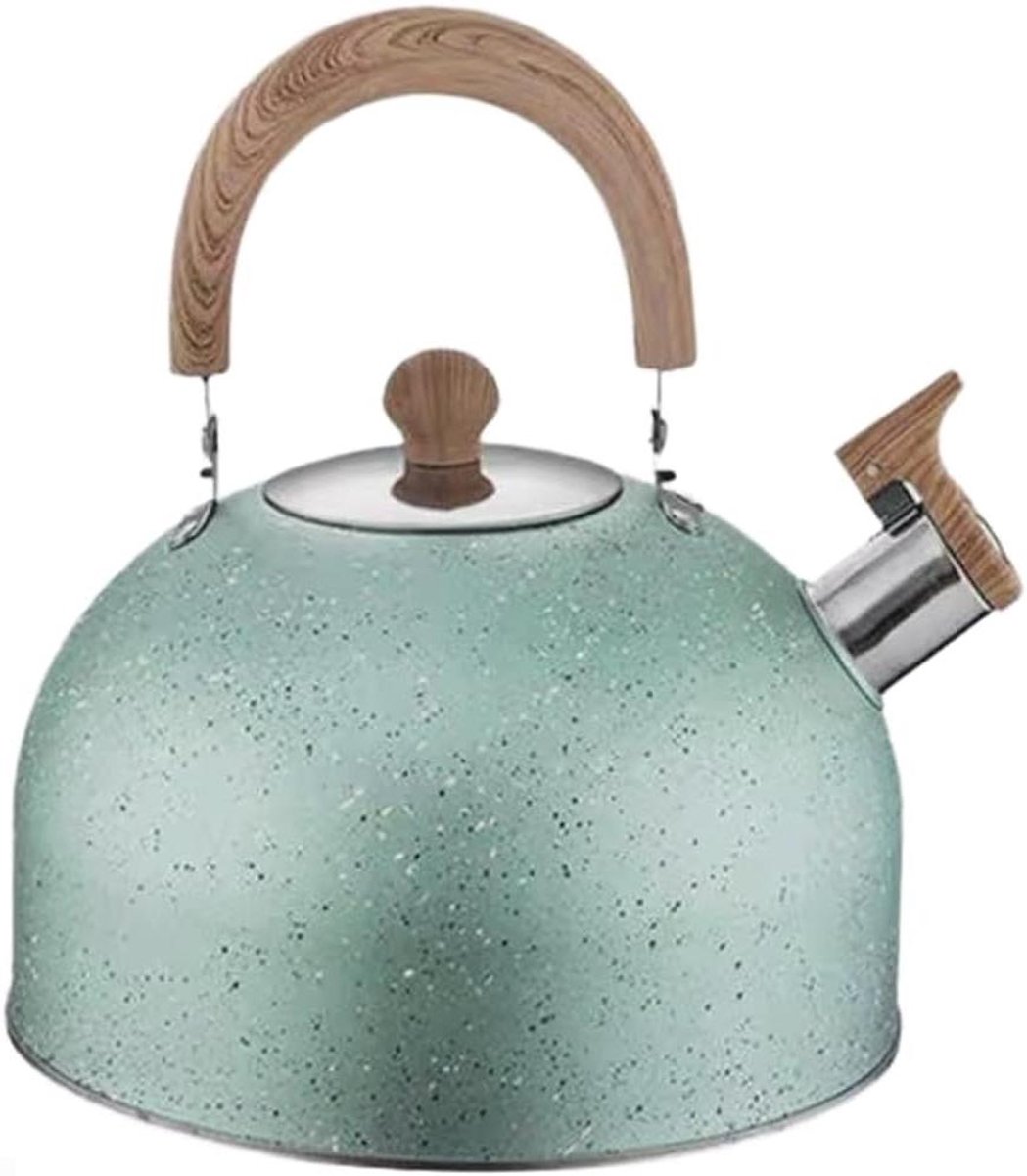 Waterkoker Met Fluitje - Theeketel Roestvrijstaal - Water Koken - Hittebestendig Houten Handvat - 2L 3L 4L - Groen