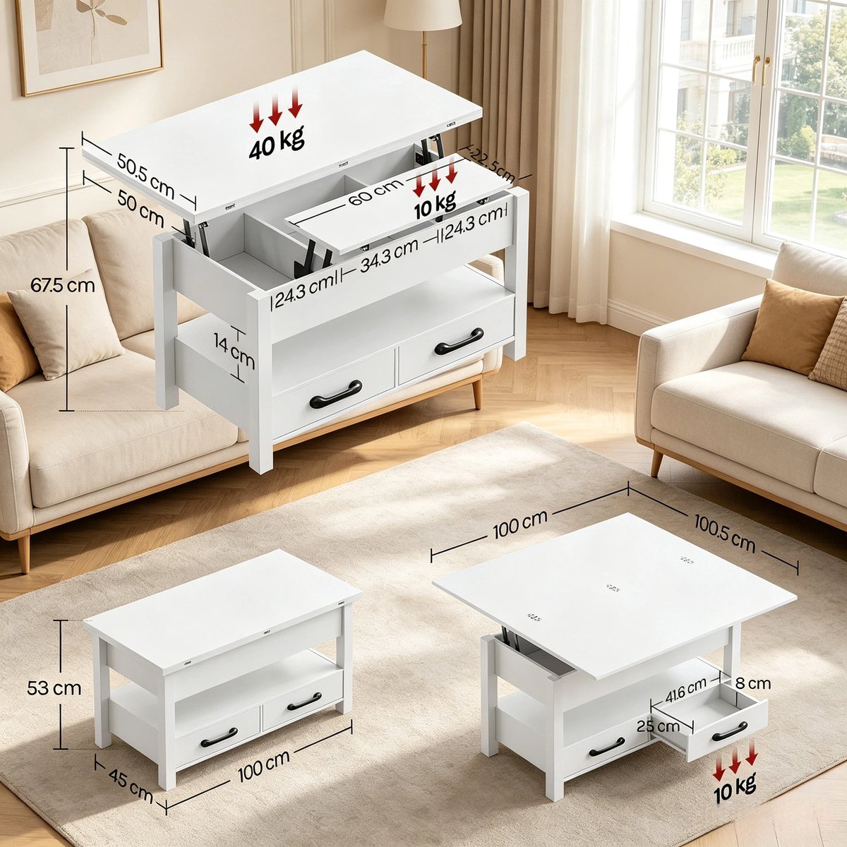 DESMIU Salontafel - Opklapbaar Blad Met Lades En Opbergruimte - Voor Woonkamer, Studio En Thuiswerken - Hout En Metaal - Wit - 100x45x53 Cm