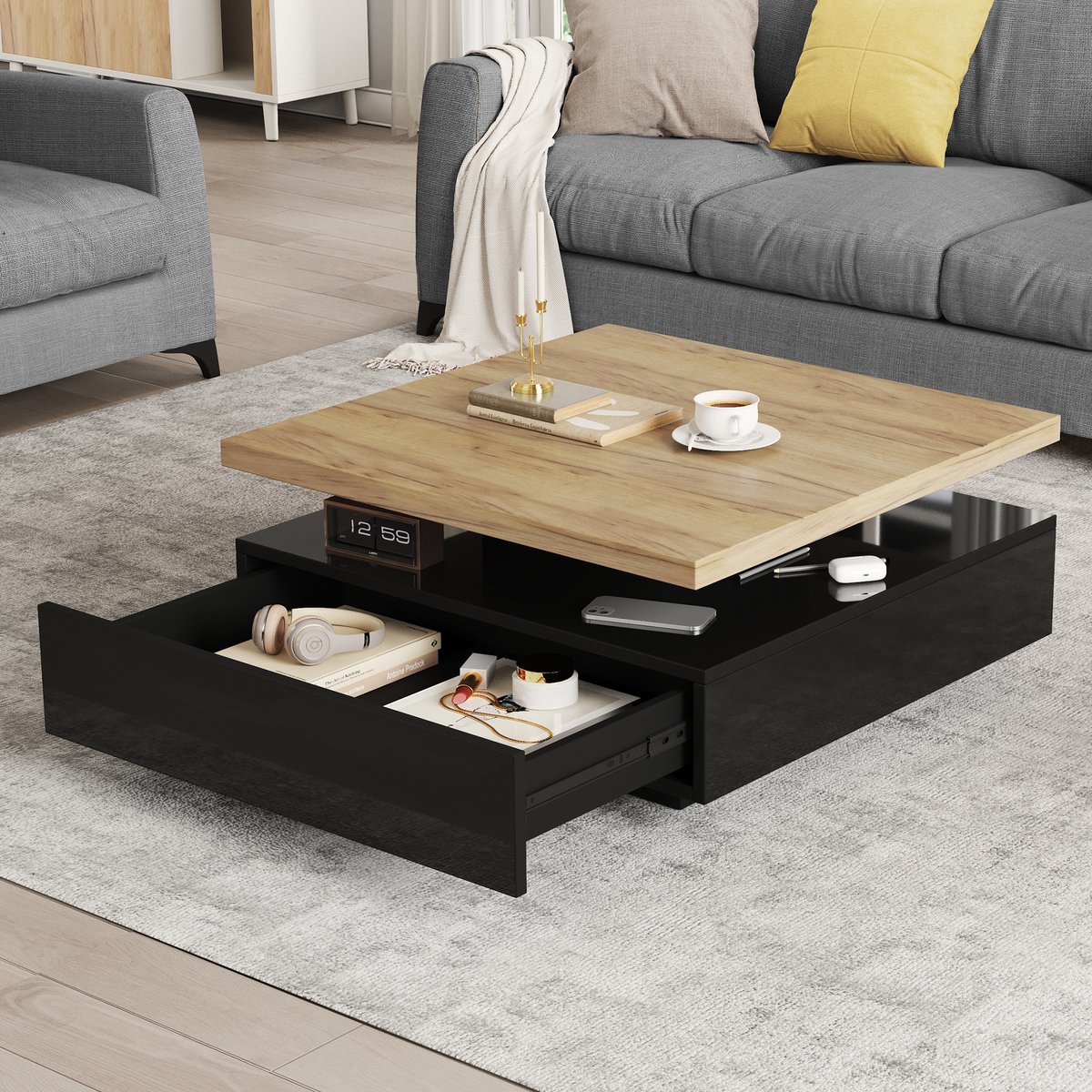 DESMIU Salontafel - 360 Graden Draaibaar Bovenblad Met Verborgen Lade - Modern Voor Woonkamer En Lounge - Spaanplaat - Walnoot Zwart - 70x70x36 Cm