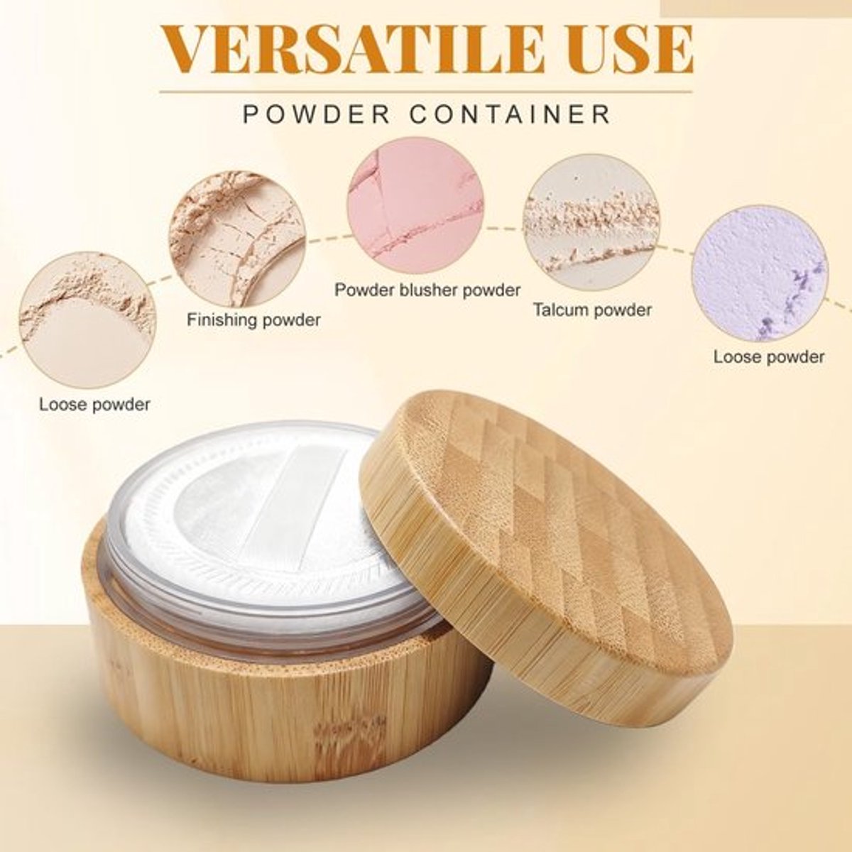 Cosmetische Potjes 30ml - Bamboe Look - Opbergdoos - Poederdoosje Baby - Zeef - Spons Donsje - Poederdoos