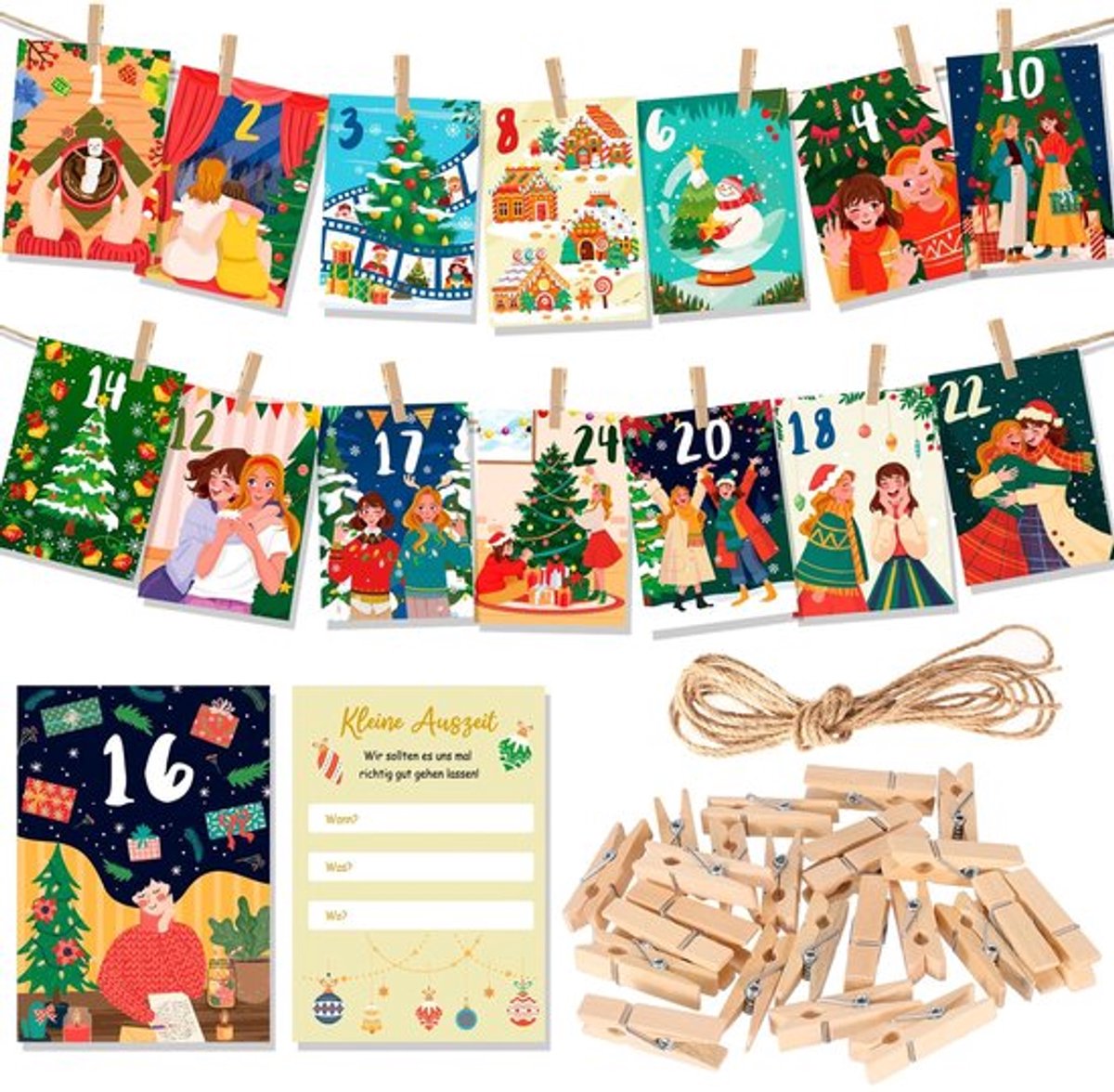 Adventskalender 2025 - Kerstkalender voor Vriendin - 24 Kaarten - Houten Klemmen - Ideaal voor Kerstdecoratie