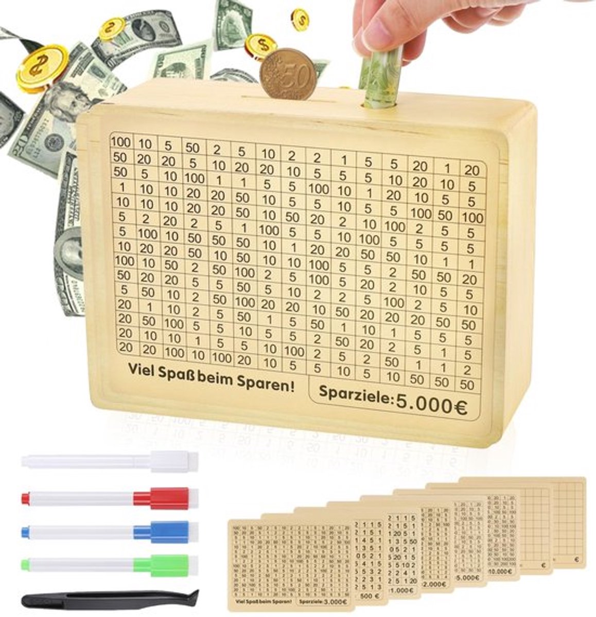 Spaarbox Houtkleur - Spaarpot Volwassenen - Spaarpot Kind - Herbruikbare Spaarbox - 10000 Spaaruitdaging - Duurzaam Hout