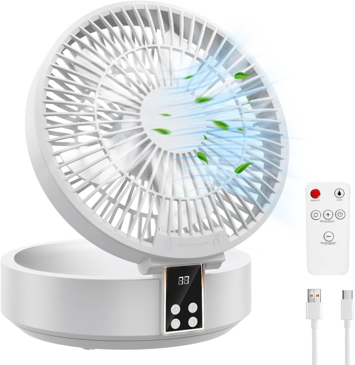 GELLDG Tafelventilator - USB Ventilator met Display - Opvouwbaar Bureaumodel - 17x18,5x8,5cm - 3 Snelheden, Timer, Draaibaar - Geschikt voor Kantoor en Kampeer - Kunststof - Incl. Afstandsbediening en Lamp