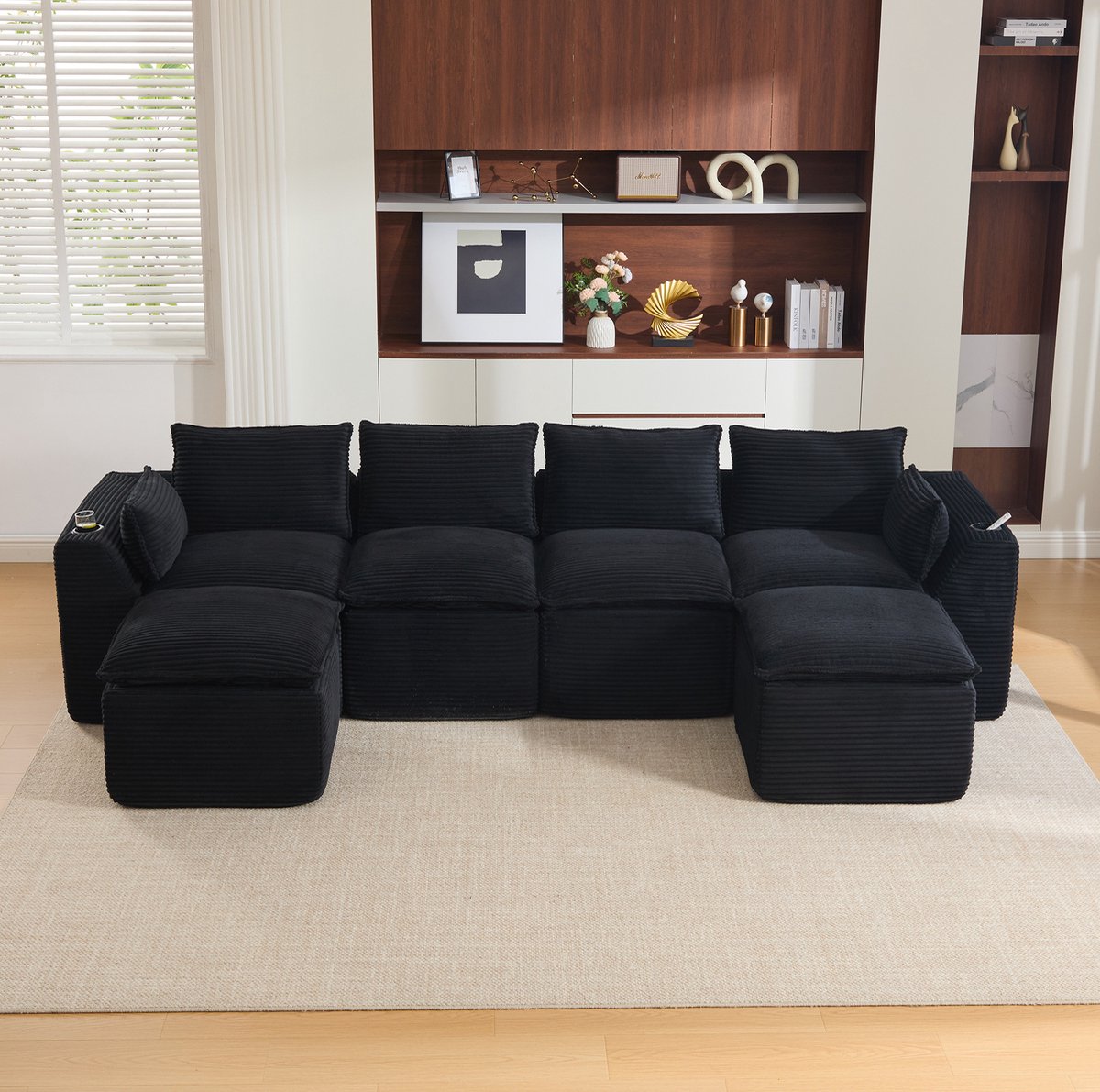 Wishdor Modulaire bank 4-zits - 2 voetbanken - kussens - drankhouder - zijvakken - corduroy - zwart - 322 x 161 x 75 cm