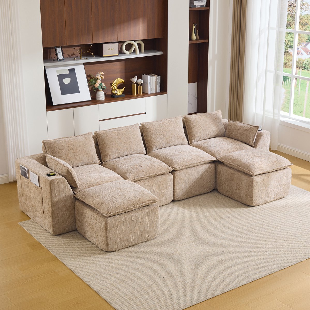 Wishdor Modulaire bankset - 4-zits - vrij combineerbaar - chenille - khaki - met kussens, drankhouder en zijvakken - 322 x 161 x 75 cm