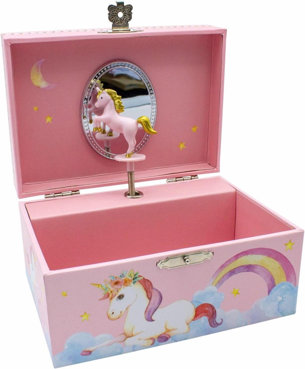 Roterende muziekdoos - Roze - Sieradendoos met Spiegel en Dansende Eenhoorn - Houten Kinderdecoratie voor Meisjes