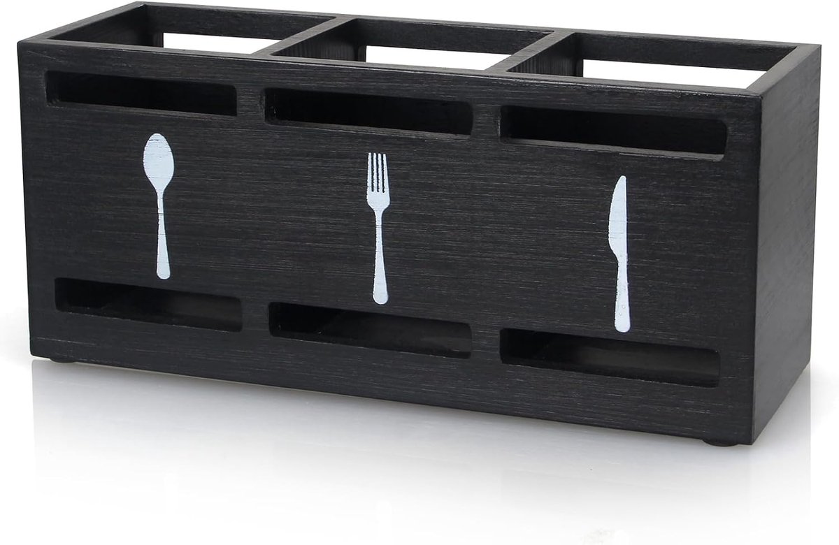 Houten Bestekhouder voor-Tafel en Aanrecht - Zwarte Bestek Organizer - Bestekmandje voor Lepels-Vorken en Keukengerei
