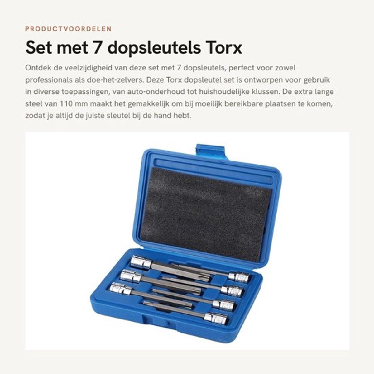 Dopsleutels Set 7 Stuks - Torx - Extra Lang 110 mm - 3/8 Inch - Chroom-vanadium-staal - Kunststof Koffer - Torxset