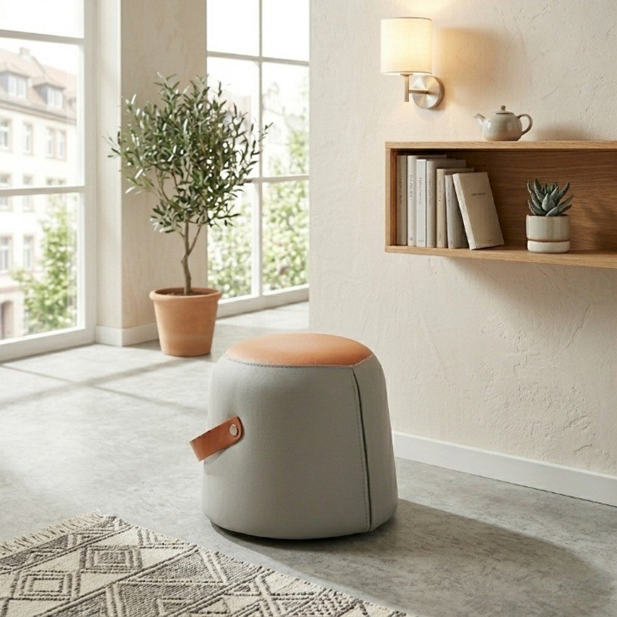 Voetenbankje – Rond Gestoffeerd Met Handgreep – 34,5 cm – Kunstleer – Grijs, Oranje, Bruin – Voor Binnen