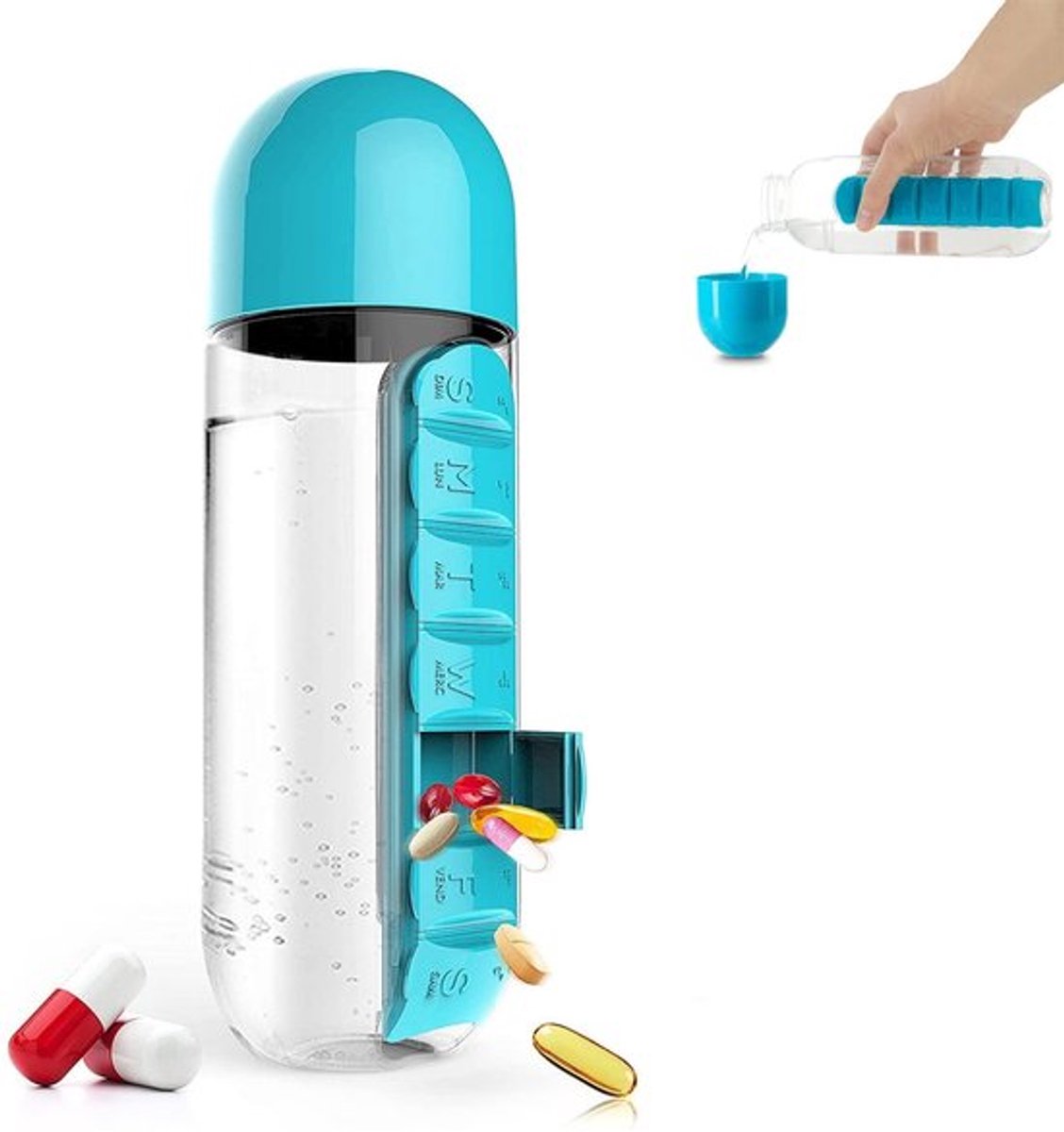 Pilorganisator 600 ml - 2-in-1 Waterfles/Pillenbox - Draagbare Pillendoos - Grote Capaciteit - Braille-label - Hydratatie
